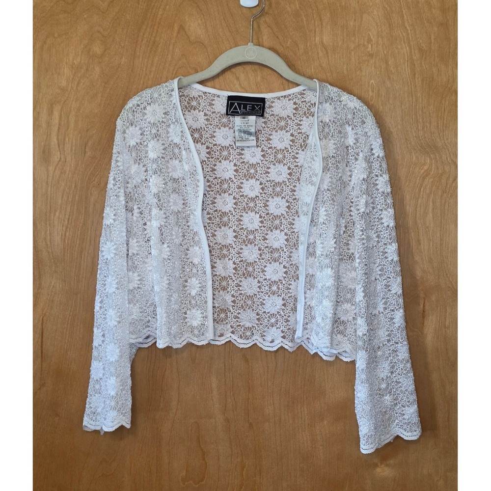 Alex Evenings Womens 16 White Floral Lace Sequin Bolero Shrug Jacket Cropped